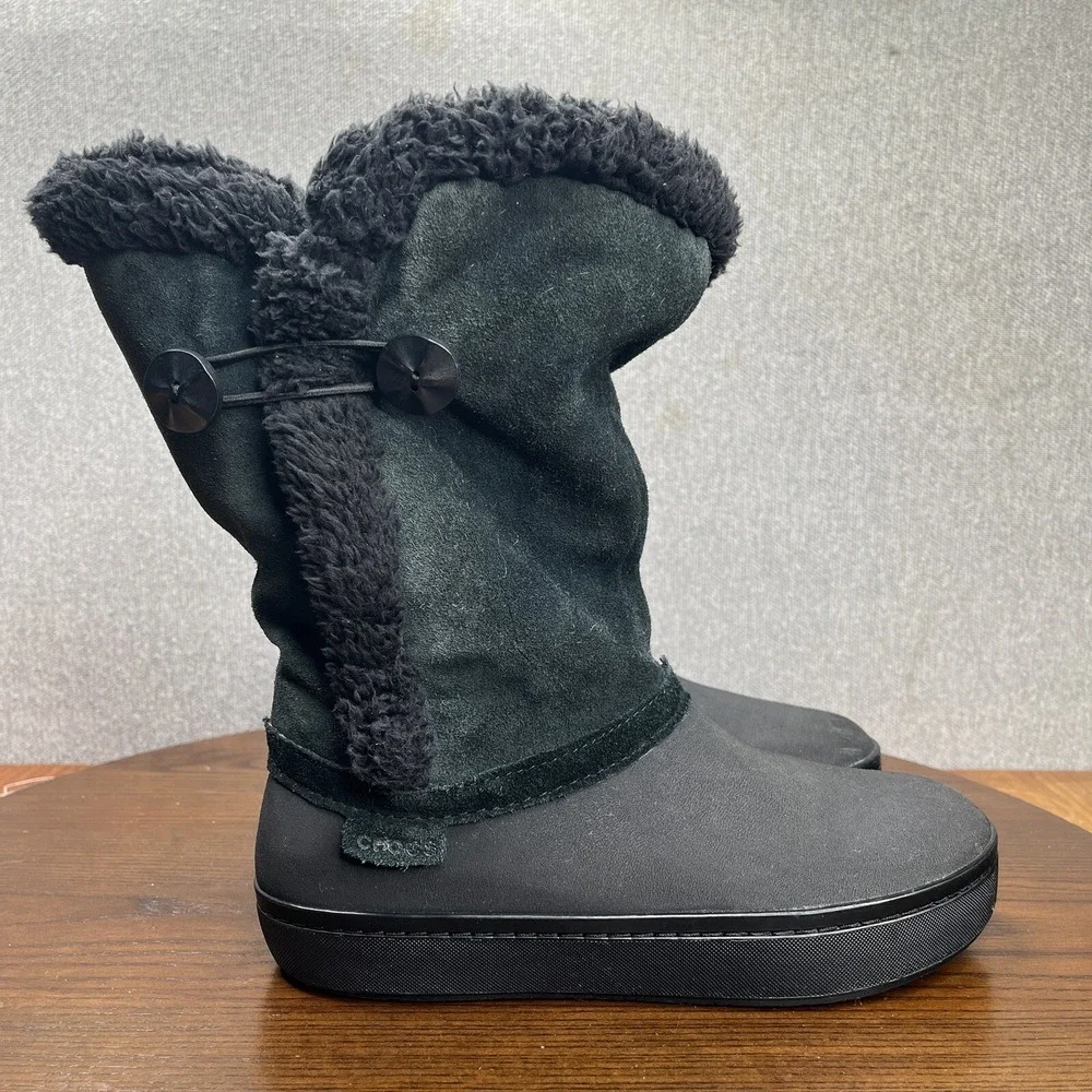 Crocs  Modessa Boot Women's Size 7 Black Faux Fur Suede Button Synthetic Slip On
